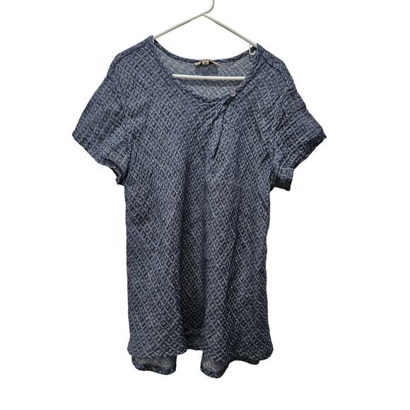 Flax Women 100% Linen Geometric Oversized Blouse Shirt Blue Short Sleeve Size M - Picture 1 of 6